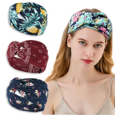 China Headband for Women New Bohemian Printed Knitted Knitted Sweat-absorbent Headband Wide Brimmed Crossover Women's Headband Sports Hair Accessories for sale