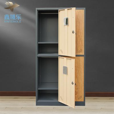 China Guangdong factory wood grain wood grain transfer metal storage 4 door adjustable locker (height) steel wooden cupboard for sale