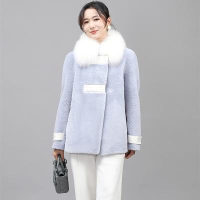 China Wholesale Breathable Korean Style Large Fox Fur Woolen Winter Faux Fur Coat Long Collar Elegant Blue For Women for sale