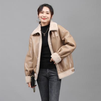 China 2022 New Style Sustainable Fashion Women's PU Leather 1/6 And 100% Wool Jacket For Ladies for sale