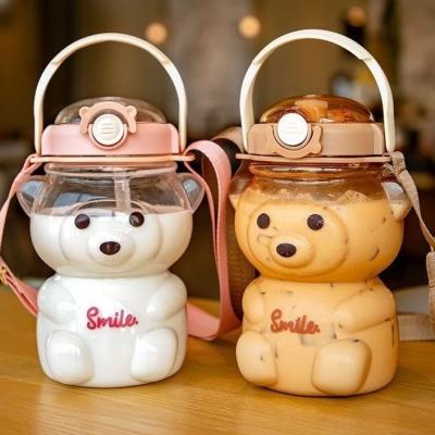 China 2022 New Viable Adjustable Strap BPA Free Plastic Drink Kawaii Cute Teddy Bear Shape Water Bottle With Straws For Kids Women Girls for sale