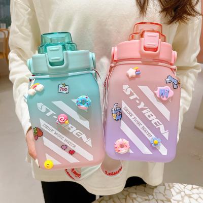 China 2022 New Arrival Doyoung Square Cute Plastic Drinking Water Bottle Adults Kids Viable Gradient Color With Straw Strap Stickers for sale