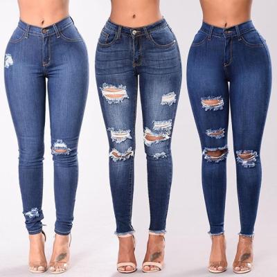 China Wholesale plus size ready to ship factory in stock to accept order skinny stretch comfortable holes ripped women jeans denim pants for sale