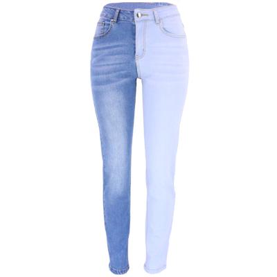 China Spring Windproof Summer RTS High Waist Stretch Contrast Denim Skinny Quilting Pencil Pants Women Two Different Zone Colored Jeans for sale