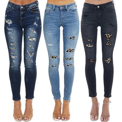 China Women Girls Mid Waist RTS Stretch All-match Stitched Skinny Pencil Jeans Leopard Hole Casual Loose Elastic Female Plus Print for sale