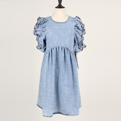 China Anti-Static Special Design Ruffles Sleeves O Neck Denim Cotton Ladies Jeans Denim Dresses for sale