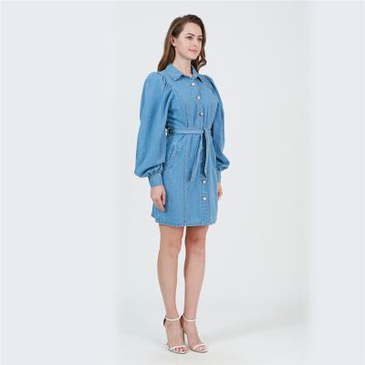 China Original design anti-static long sleeve denim dress washed casual jeans dresses women denim puff sleeve design for sale