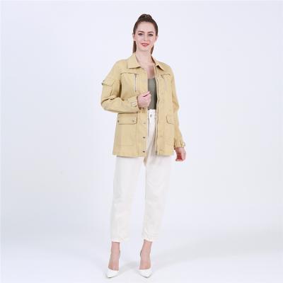 China Hot Selling Khaki Big Pocket Breathable Two Pieces Twill Elastic Flip Waist Rope Coat Jackets For Women for sale