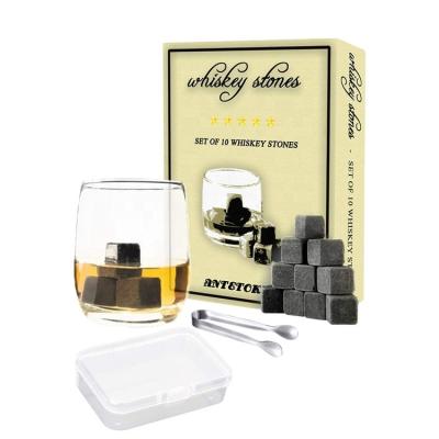 China Viable Box of Gray Whiskey Stones Gift Set Maker of Cooling Rock 10 and Tongs, 100% Pure Soapstone for Wine Whiskey Cold Drinks for sale