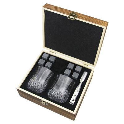 China Viable Manufacturer Whiskey Stones Gift set of 8 with Cooling Rocks Soap Stones, 2 Luxury Crystal Glasses, Velvet Bag, Wooden Box for sale