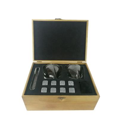 China Viable Premium Whiskey Stones and Whiskey Glass Gift Boxed Set, 8 Granite Whiskey Chill Rocks with Ice Tongs and Pouch in Wooden Box for sale