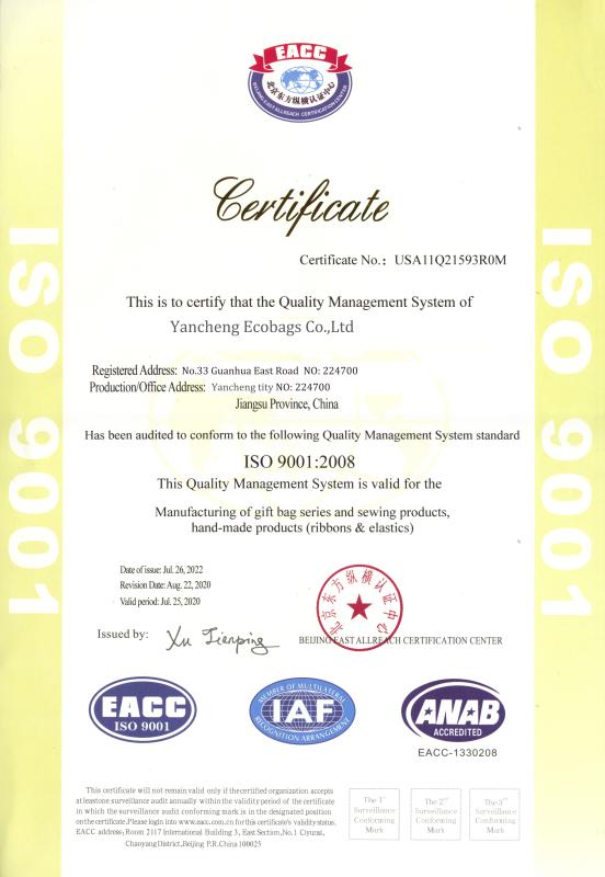 ISO9001 - Yancheng Ecobags Co., Ltd.