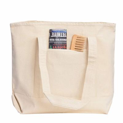 China Recyclable Heavy Natural Beach Canvas Tote Bags with Front Pocket, Grocery Travel Bags for sale