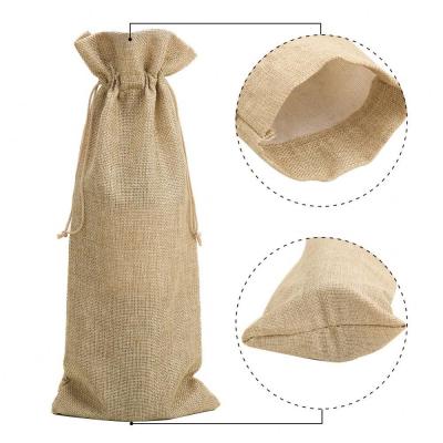 China Jute Drawstring Wine Bags 14 x 6 1/4 inch Bottle Hessian Gift Wine Bags with Drawstring for sale