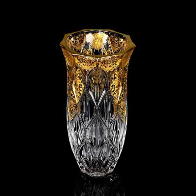 China High Quality Bohemian Gold Decals Flower Vase Clear Glass With Gold Rim Ripple For Home Decor for sale