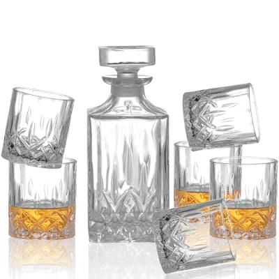 China Modern Crystal Decanter Set Clear Glass Bottle Square Liqour Transparent Glass Cups for sale