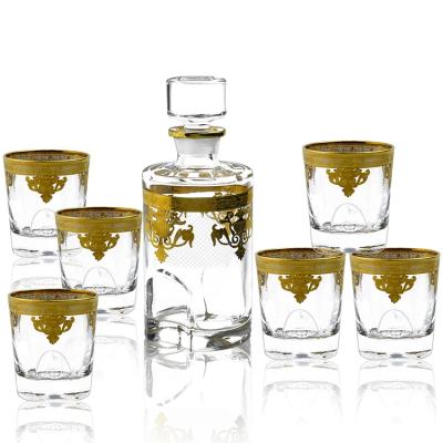 China Modern Elegant Wine Set Crystal Glass Whiskey Decanter Set Gold Decal Wine Bottle and Cups for sale