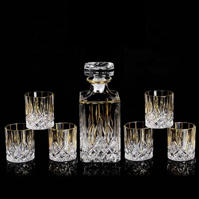 China Fashion Modern Crystal Whiskey Decanter Set Luxury Gold Wine Glass Bottle Set for sale