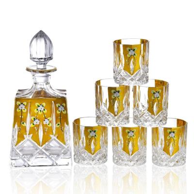 China Lead Free Wine Glass Bottle Set With Real Gold Flower Enamel Glass Bottle And Cup for sale