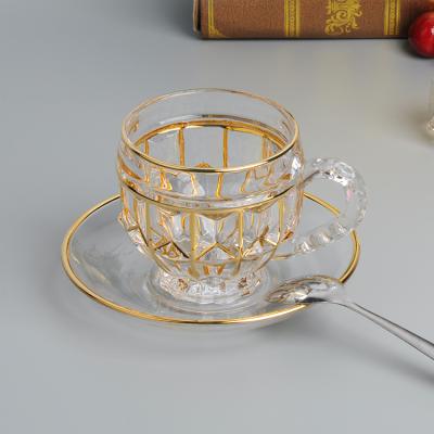 China Sustainable Design Flower Gold Line Pattern Glass Coffee Mug With Optional Sauce 185ML Handle for sale