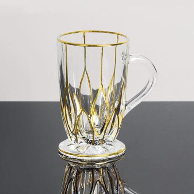 China Sustainable rhombus pattern design with gold line beer mug with handle, optional saucer capacity 285ML for sale