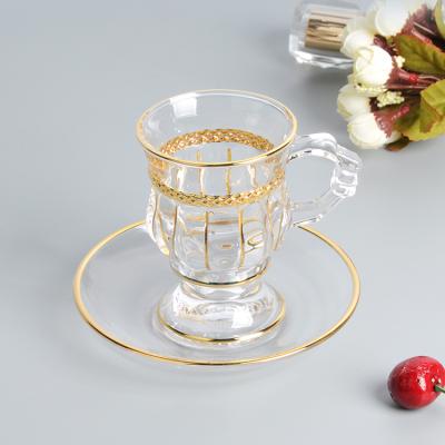 China Viable Wholesale Glass Tea Coffee Mug With Gold Wire Pattern On Feet And Handle, 150ML Capacity for sale