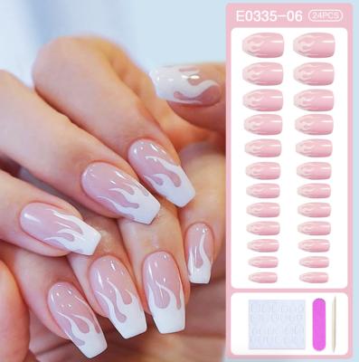 China Pink French Flame False Nails Press On Nail Top Forms For Coffin Nail Tips False Nails Manicure Reusable Fake Nails With Glue for sale