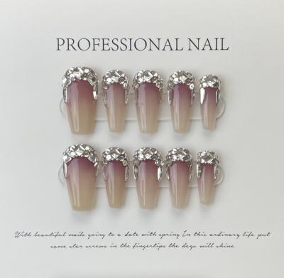 China Handmade French Art Silk Rhinestone Jelly Gradient Full Cover French Nail Coffin Bearing Venalisa Fake Nails With Glue Tool 10Tip/Set for sale