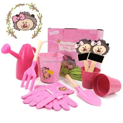 China Gardenng 9 in 1 Garden Toys for Kids Mini Gardening Stick Plant Pot Sprayer Gloves Trowel Fork Wooden Kit in Colorbox Package for sale