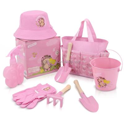 China Gardenng 8 in 1 Outdoor Kindergarten Toy Set DIY Tools Bucket Carry Bag Sprayer Glove Hat Kids Kit Lawn Beach Gardening Game for sale