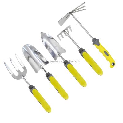 China Modern Hardened Stainless Steel 5 in 1 Garden Yard DIY Tools Kit with TPR Handle, Two Way Fork Transplanter Trowel Rake Hoe for sale