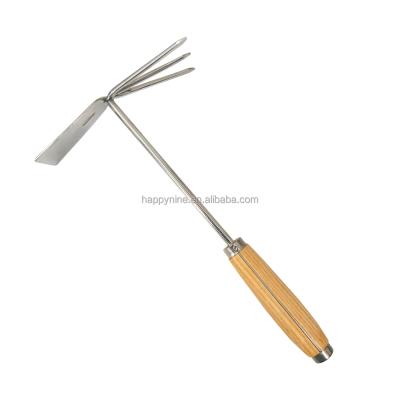 China CLASSIC high quality polished stainless steel garden tools with FSC wood and steel handle two way hoe and fork for ground areator for sale