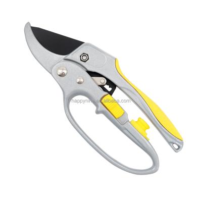 China Anti-skid Handle Aluminum Ratchet Garden Pruner Bypass Cutting Shears Branch Pruner High Carbon Steel Scissors for sale