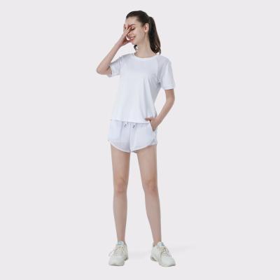 China Breathable 3D Max Spring Two Piece Set Women's Mesh Stitching Fitness Running Breathable Shorts Sleeve Loose Shorts Yoga Set Gym Clothing for sale