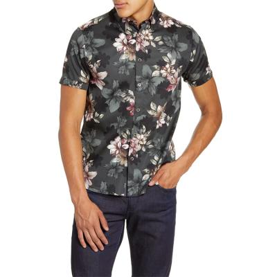 China Custom Slim Fit Mens Cotton Anti-Shrink Floral Print Short Sleeve Button Up Shirt for sale