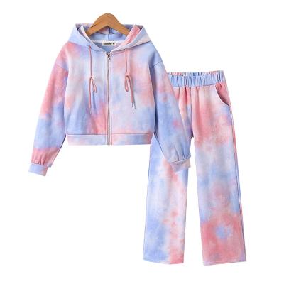 China 2021 supreme leader casual kids tie dye top loose straight two piece set hooded short zipper kids clothing for sale