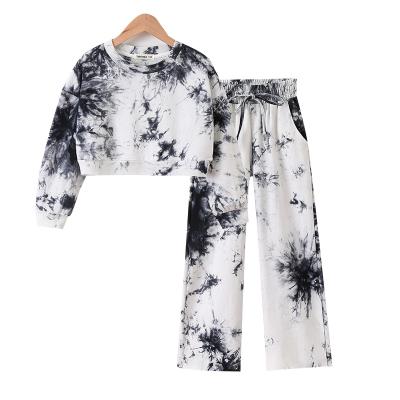 China 2021 Supreme Leader Casual Girls' Sports And Leisure Suit Tie Dye Sweater Short Wide Leg Pants Big Kids INS Two Piece Kids Clothing for sale