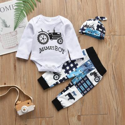 China 2021 Supreme Leader Breathable Boys Car Printing Spring And Autumn Pants Romper + White Long Sleeve Hat 3pcs for sale