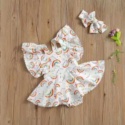 China Supreme Leader 0-24M Newborn Baby Girls Romper Dress Rainbow Print Breathable Ruffles Sheath Backless Overalls for sale