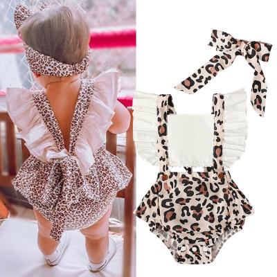 China Supreme Leader Baby Summer Clothing Newborn Infant Baby Short Sleeve Clothes Leopard Headband Overalls Jumpsuit 2Pcs Teams for sale