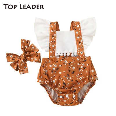 China Fashion Supreme Leader Summer Baby Girl Fly Sleeve Romper Sunflowers Print Ruffles Backless Overalls With Bow Headband for sale