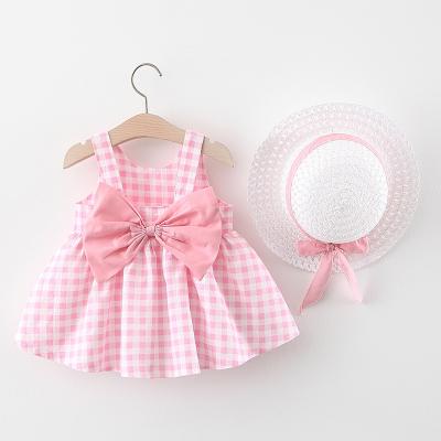 China Top Leader2pcs Breathable Summer Toddler Girl Clothes Baby Set Beach Dress Newborn Princess Dress+Sunhat Cute Plaid Sleeveless Cotton Bow for sale