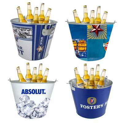 China Viable Wholesale Logo Colored Bar Part Printing Around Beer Champagne Wine Galvanized Iron Tin Metal Ice Bucket With Handle for sale