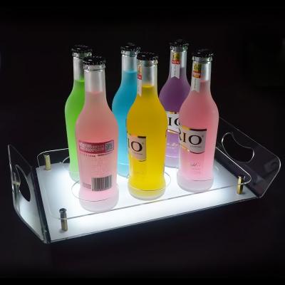 China Custom Acrylic Plastic Wine Bottle Water Service Tray Glass Bottle Shelf Rack Display Rack Led Tray Pulled for sale