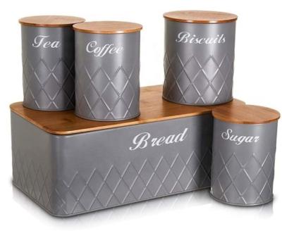 China Storage Gray Kitchen Storage Canister 5 PCs Tin Jar Freshness Set with Bamboo Lid for Tea Coffee Drinkers for sale