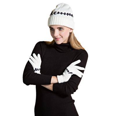 China Real hot factory in stock hand-embroidered knitted hat and white gloves set women 3 sets for sale