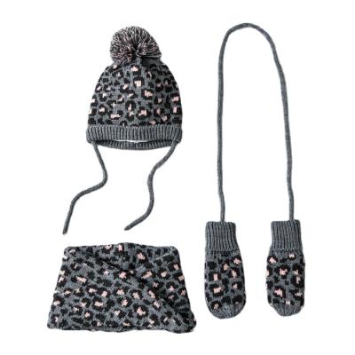 China Warm Leopard Jacquard Kids Scarf Gloves Beanie Pom Pom Hats With Scarf Sets For Kids for sale