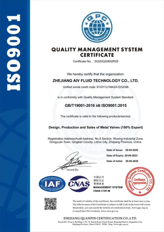 ISO9001 - Zhejiang Aiv Fluid Technology Co., Ltd.