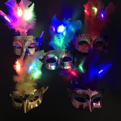 China Halloween Mask Decoration Light Up Half LED Feather Mask Ball Diamond Thrower Hat Lace Half Halloween Small Face Blindfold Costume Ball Mask for sale