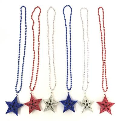 China Party Supplies Wholesale Red, White and Blue Independence Day Five-pointed Star Pendant Beads 4th of July Big Ball Necklace for sale